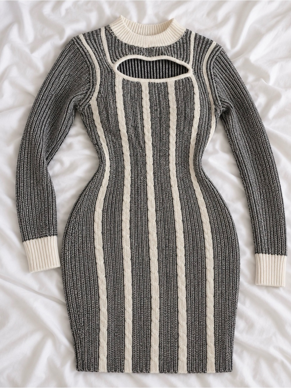 Women's Black & Cream Ribbed Knit Bodycon Dress